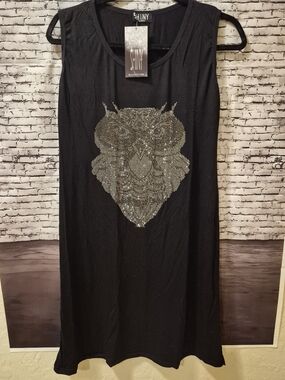 SHINY Black Sleeveless Dress with Silver Studded Owl Graphic Size XL